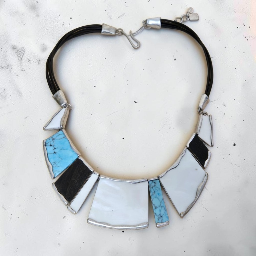 SOHO Robert Lee Morris Statement Necklace MOP Turquoise Black Cord Bib Vtg